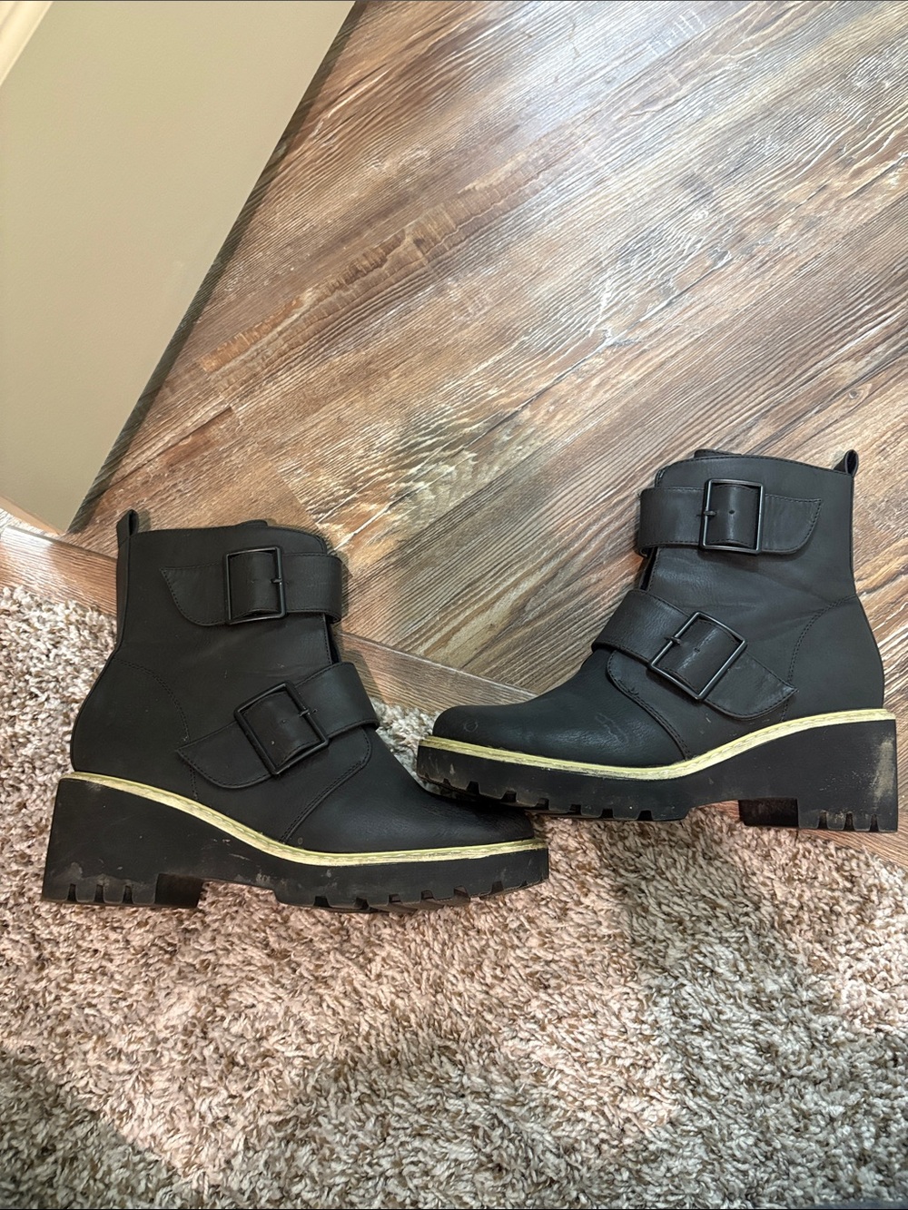 Women's Black Buckle Ankle Boots - Rugged Platform Style